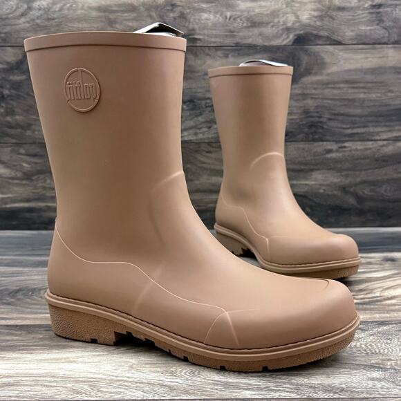 NIB FitFlop 10 Wonderwelly Short Waterproof Rubber Rain Boots Bootie Latte Tan - Picture 4 of 16